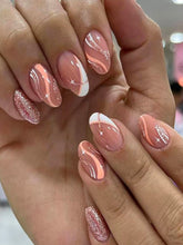 24pcs Short Almond Shaped Gold Stripe Glitter Press On Nails